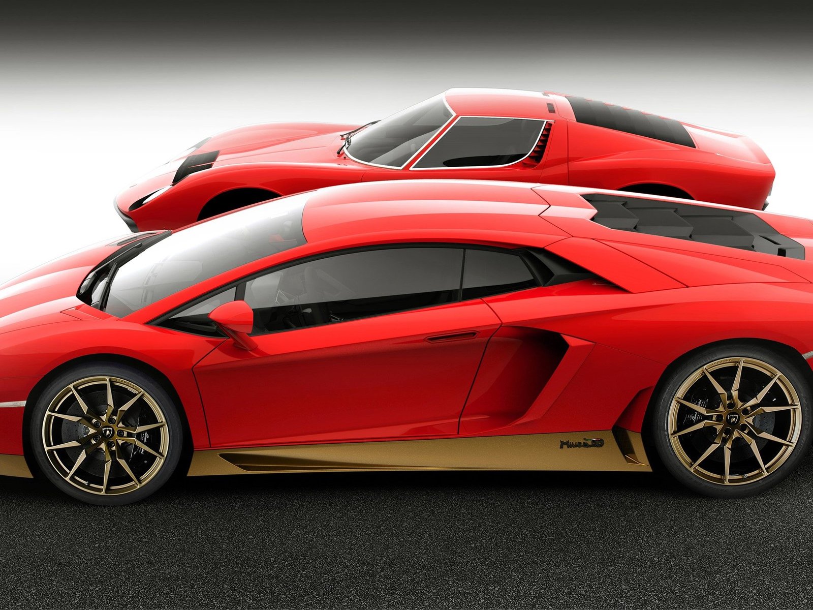 Red Lamborghini Aventador Miura Homage alongside a classic Miura, illustrating Lamborghini's design heritage