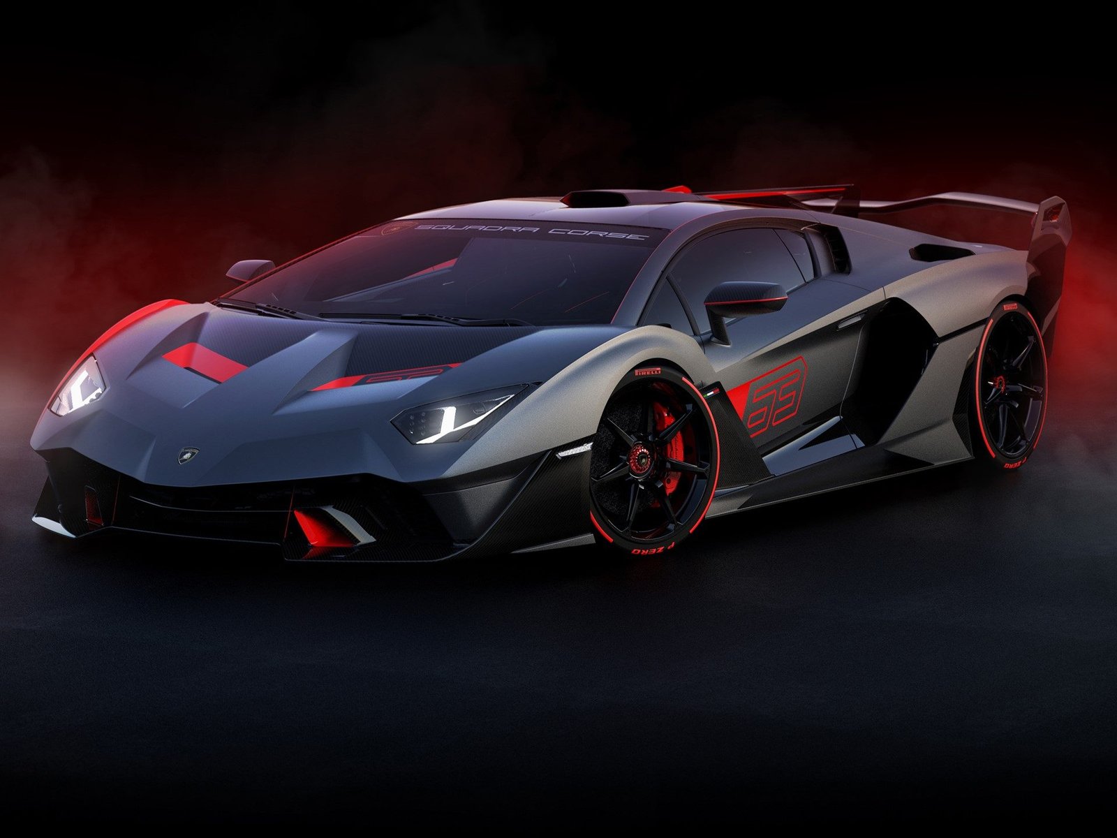 Lamborghini SC18 Alston in Grigio Daytona with red accents, photographed in a dramatic studio setting with red ambient lighting