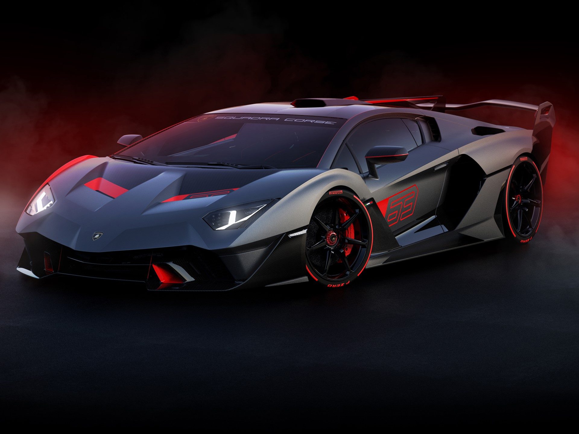 Lamborghini SC18 Alston in Grigio Daytona with red accents, photographed in a dramatic studio setting with red ambient lighting