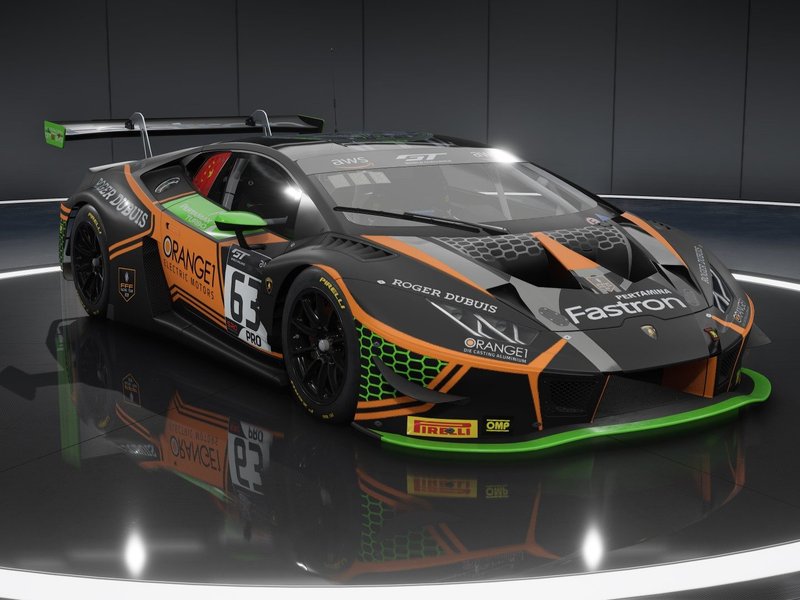 Lamborghini Huracán GT3 EVO in studio with aggressive aero kit, large rear wing, and racing slicks visible