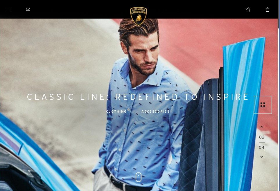 A man wearing a blue patterned shirt from the Lamborghini Classic Line stands next to a blue Lamborghini, showcasing the brand's lifestyle merchandise