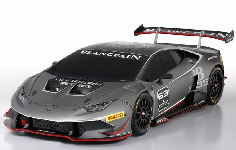 Grey Lamborghini Huracán GT3 race car with Blancpain and Pirelli sponsor decals in a studio setting