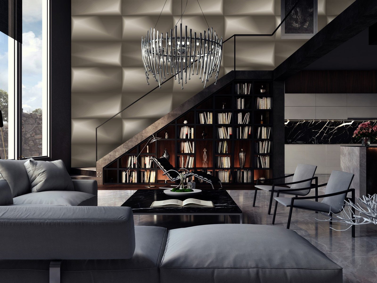 Luxury modern interior with textured wall panels, geometric design details, and premium material finishes reflecting the Lamborghini Surfaces Collection aesthetic