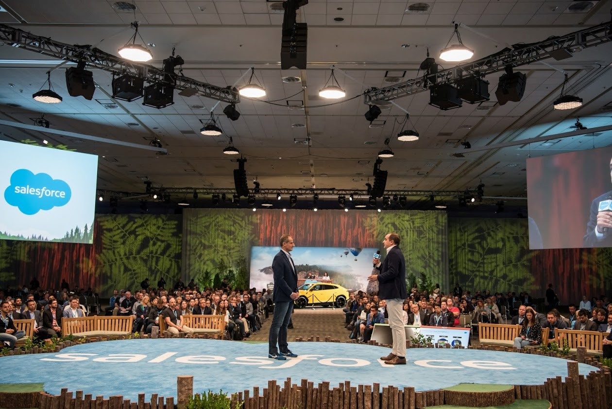 Yellow Lamborghini Urus on stage at Dreamforce 2018 in San Francisco during the Lamborghini Unica app launch presentation