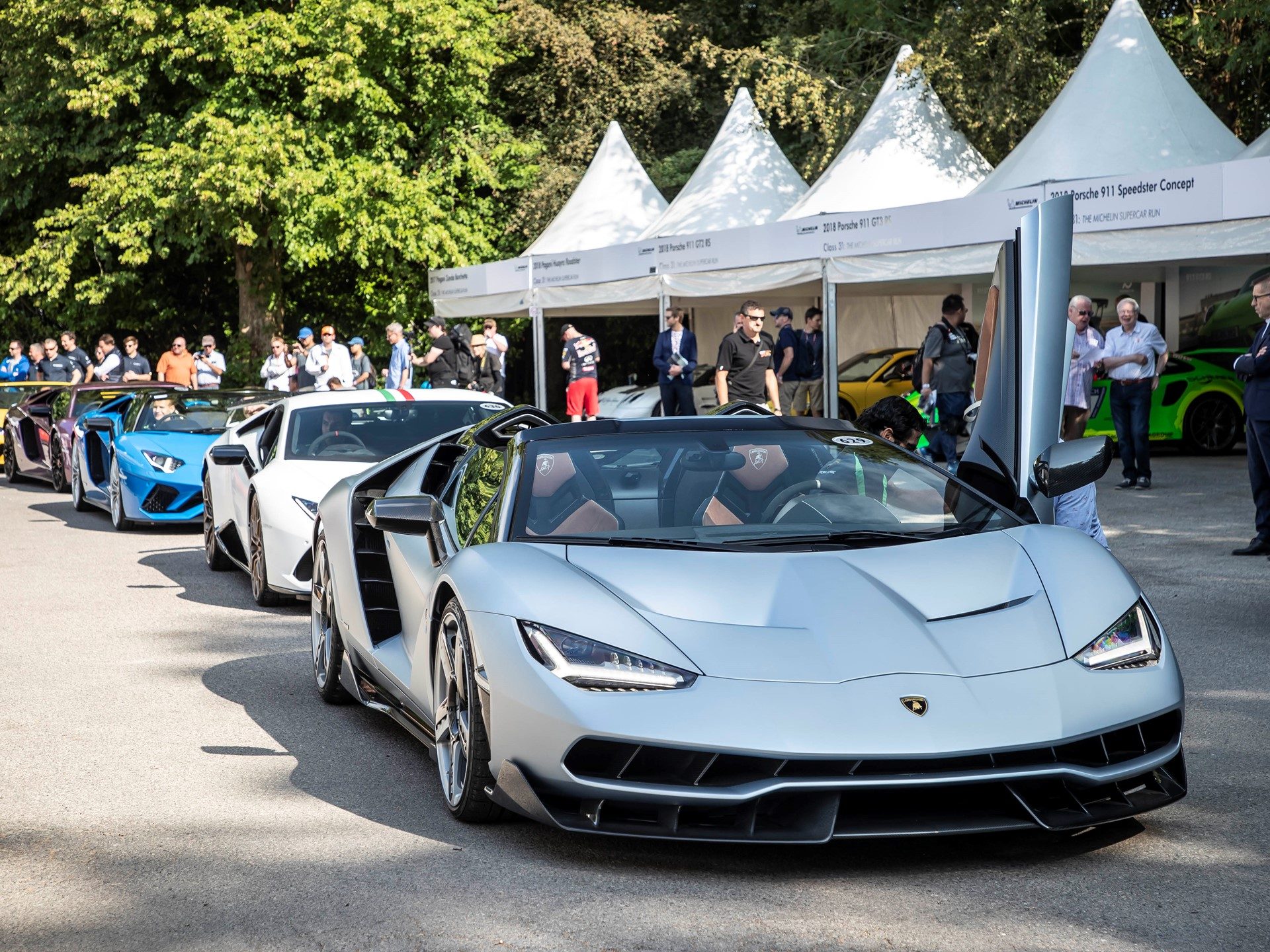Silver Lamborghini Centenario Roadster with scissor door open leading a lineup of Lamborghini supercars at the 2018 Goodwood Festival of Speed