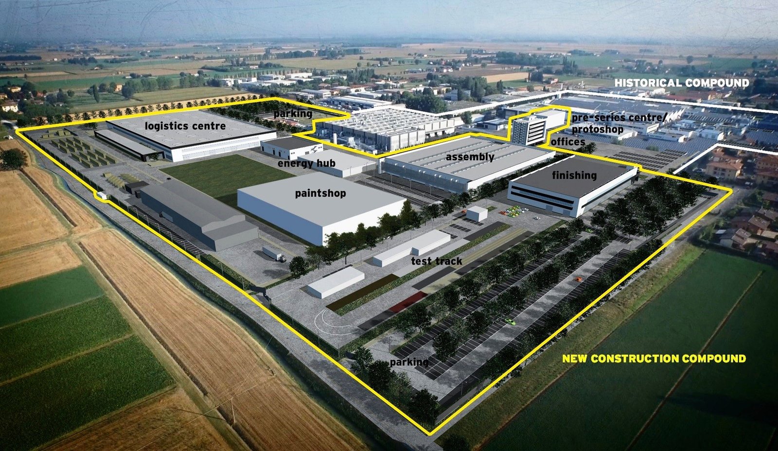 Aerial rendering of the Lamborghini factory compound showing the new construction area including paint shop, assembly, finishing, logistics center, and test track next to the historical compound