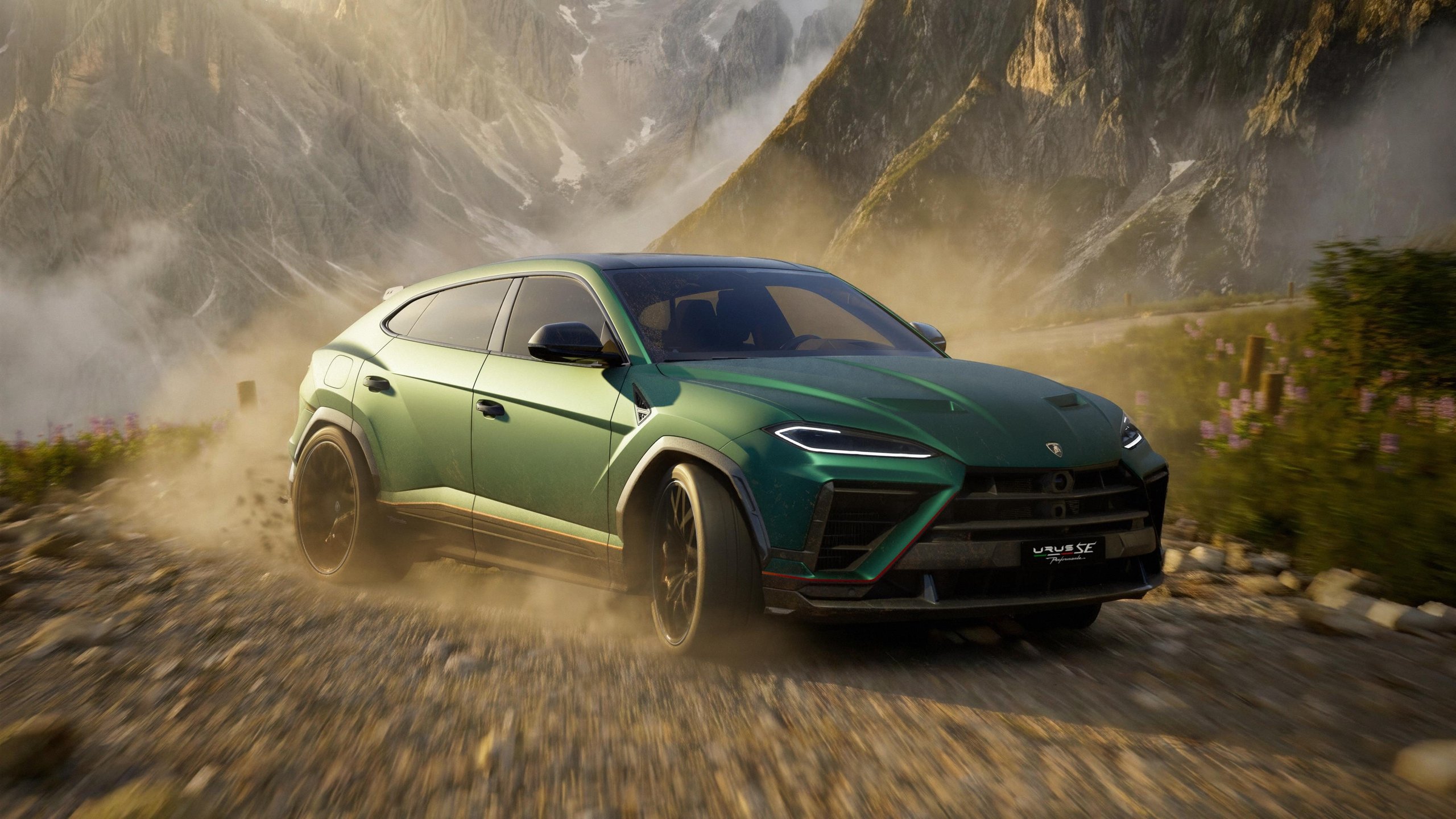 Lamborghini urus se performante in matte green driving on a dusty mountain road with mountains in background