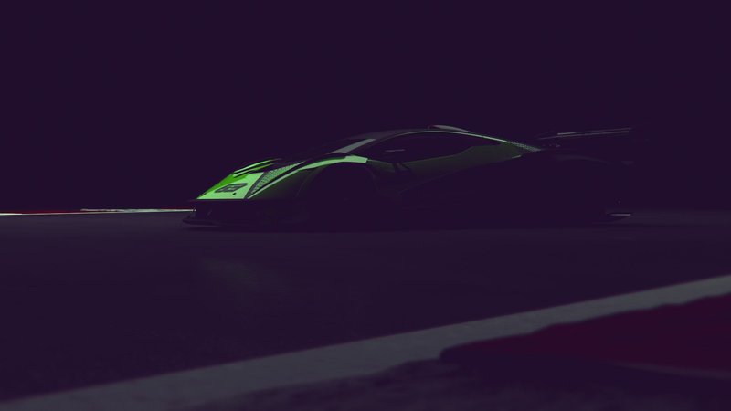 Low-light side profile of the Lamborghini Squadra Corse track-only V12 hypercar in green livery on a darkened circuit