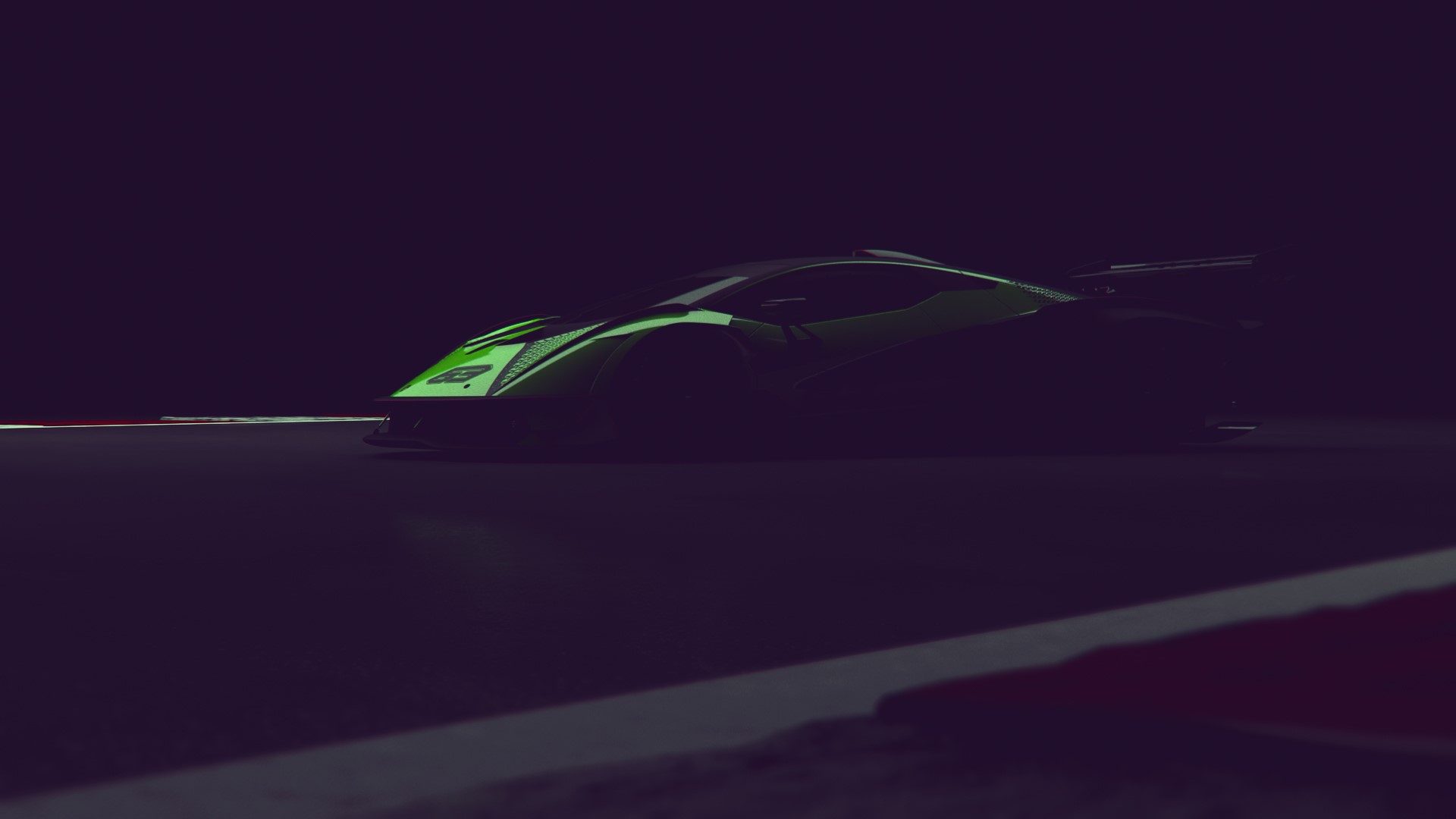 Low-light side profile of the lamborghini squadra corse track-only v12 hypercar in green livery on a darkened circuit