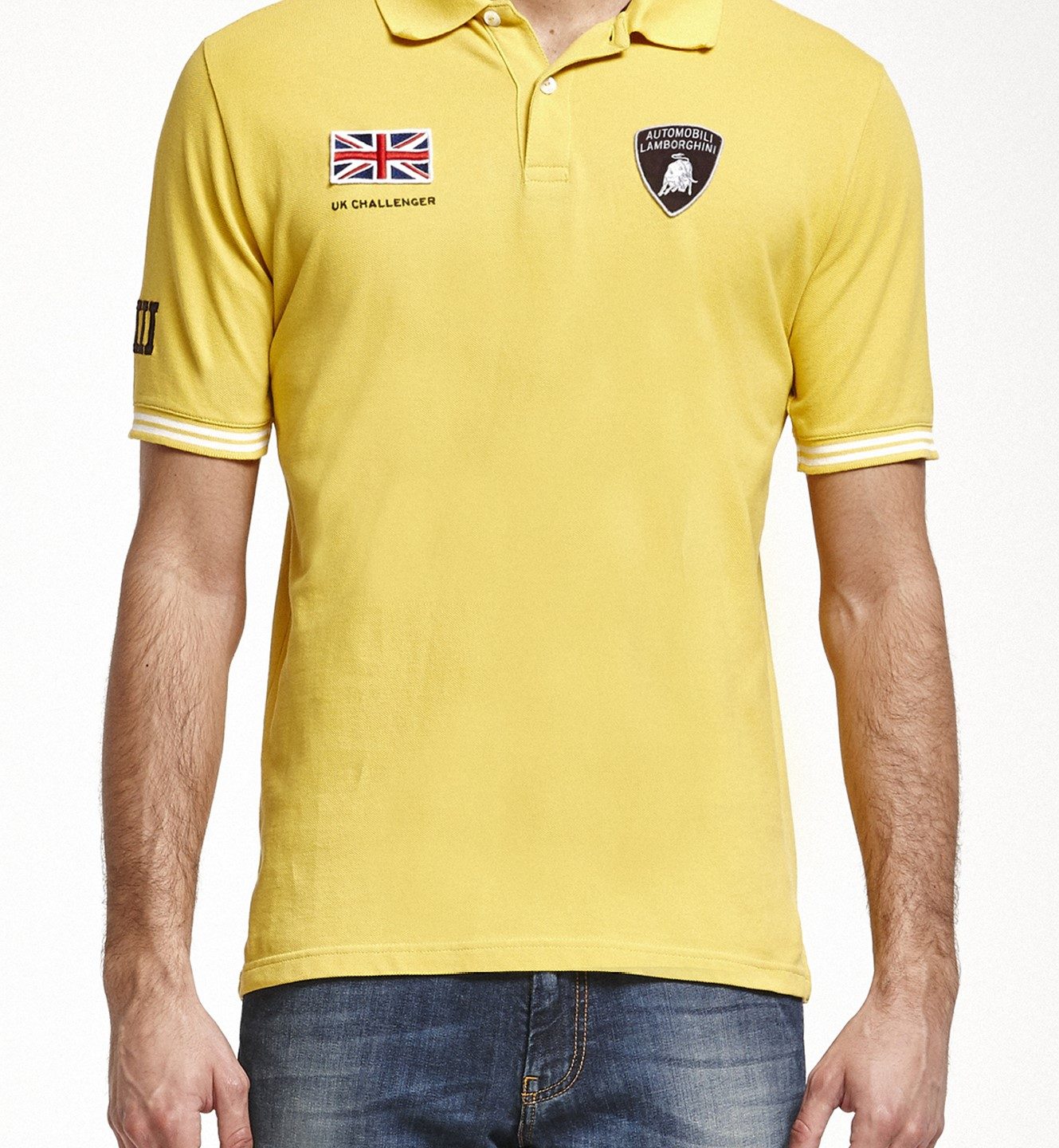 Yellow Lamborghini polo shirt with shield logo and UK Challenger patch