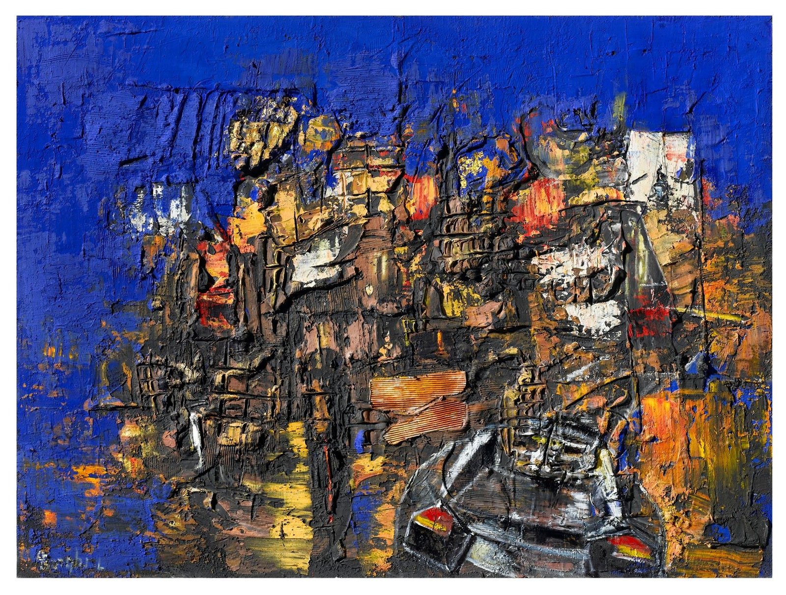Alfonso Borghi abstract painting with bold blue background and textured multi-colored foreground, part of the Velocità e Colore exhibit at the Lamborghini Museum