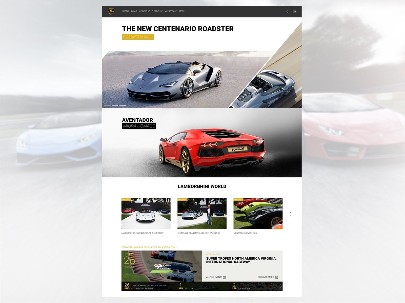 Screenshot of the redesigned Lamborghini.com homepage featuring the Centenario Roadster and Aventador Miura Homage