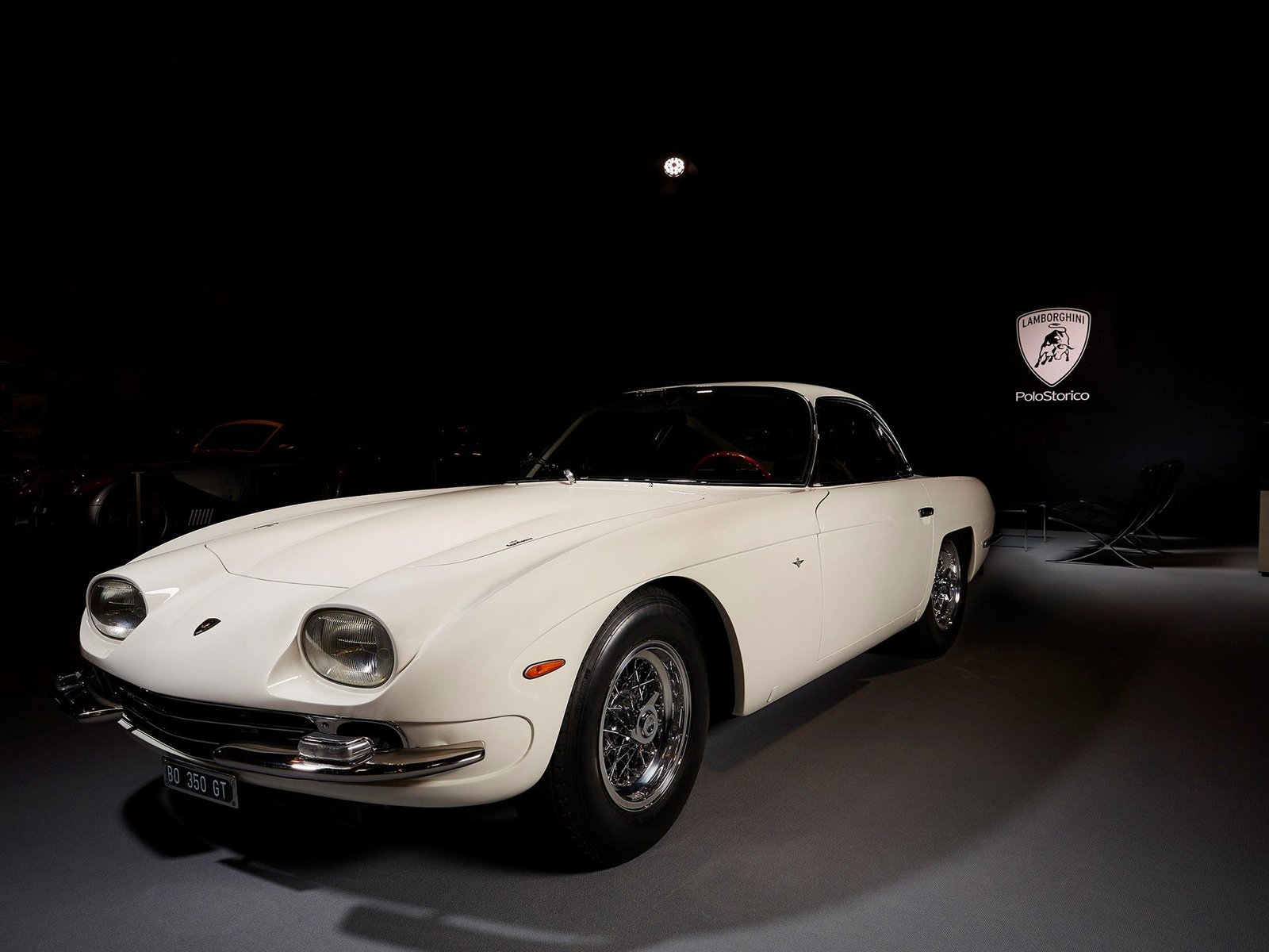 Lamborghini 350 GT chassis 0121 after Polo Storico restoration showing classic lines, chrome trim, and Borrani wire wheels