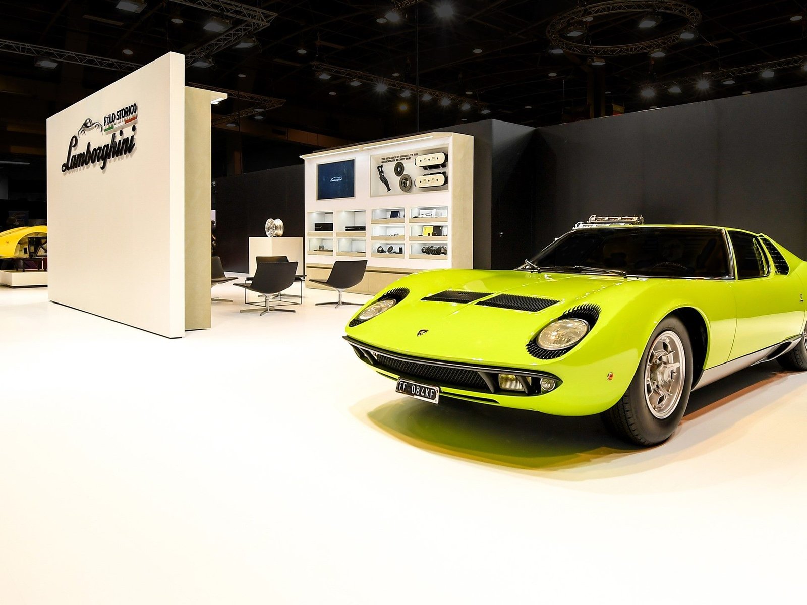 1967 Lamborghini Miura P400 in Verde Scandal displayed at the Polo Storico stand during Salon Rétromobile 2018 in Paris