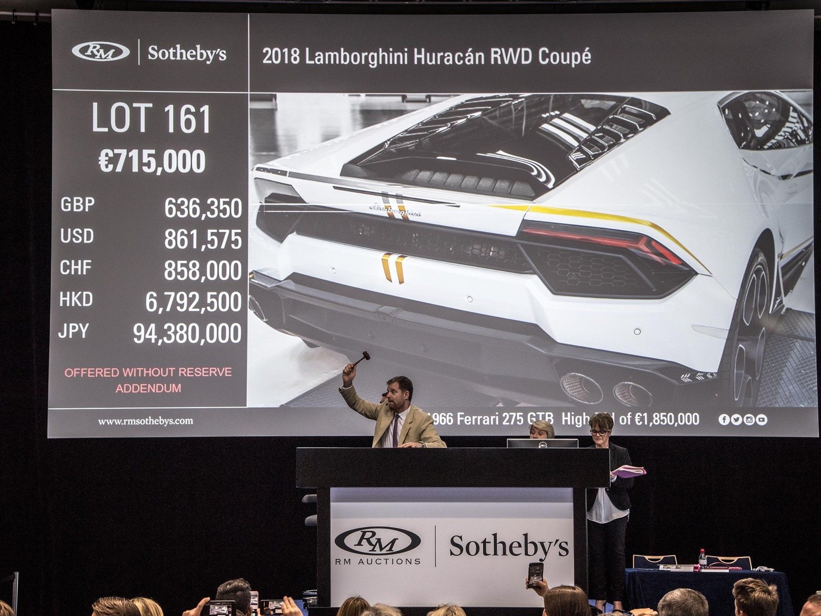 RM Sotheby's Monte Carlo auction scene with the Pope's Lamborghini Huracán RWD displayed on screen, auctioneer conducting bidding