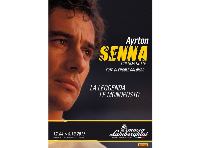 Promotional poster for the Ayrton Senna exhibition at the Lamborghini Museum featuring a close-up portrait of Senna