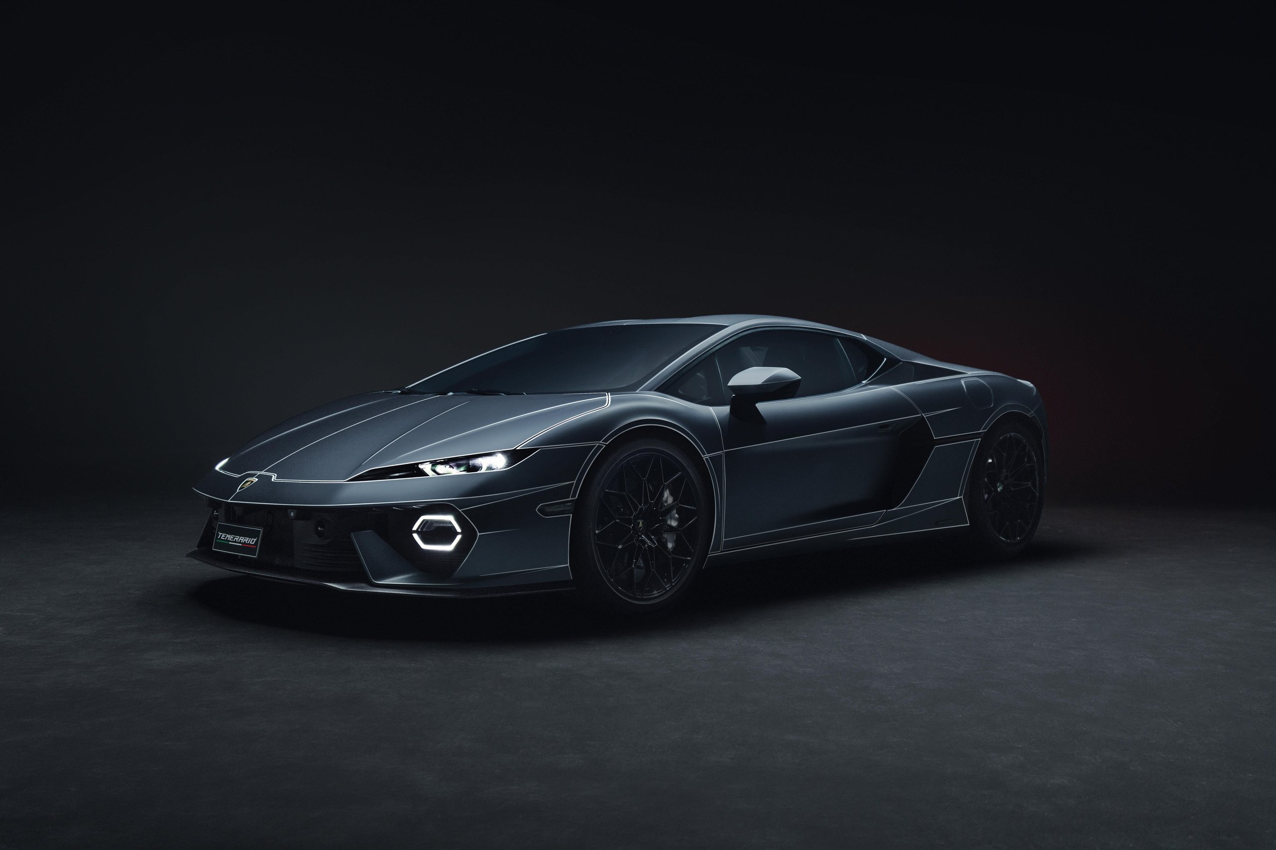 Lamborghini Temerario Ad Personam in Grigio Crater Matt with contrast livery lines and illuminated headlights