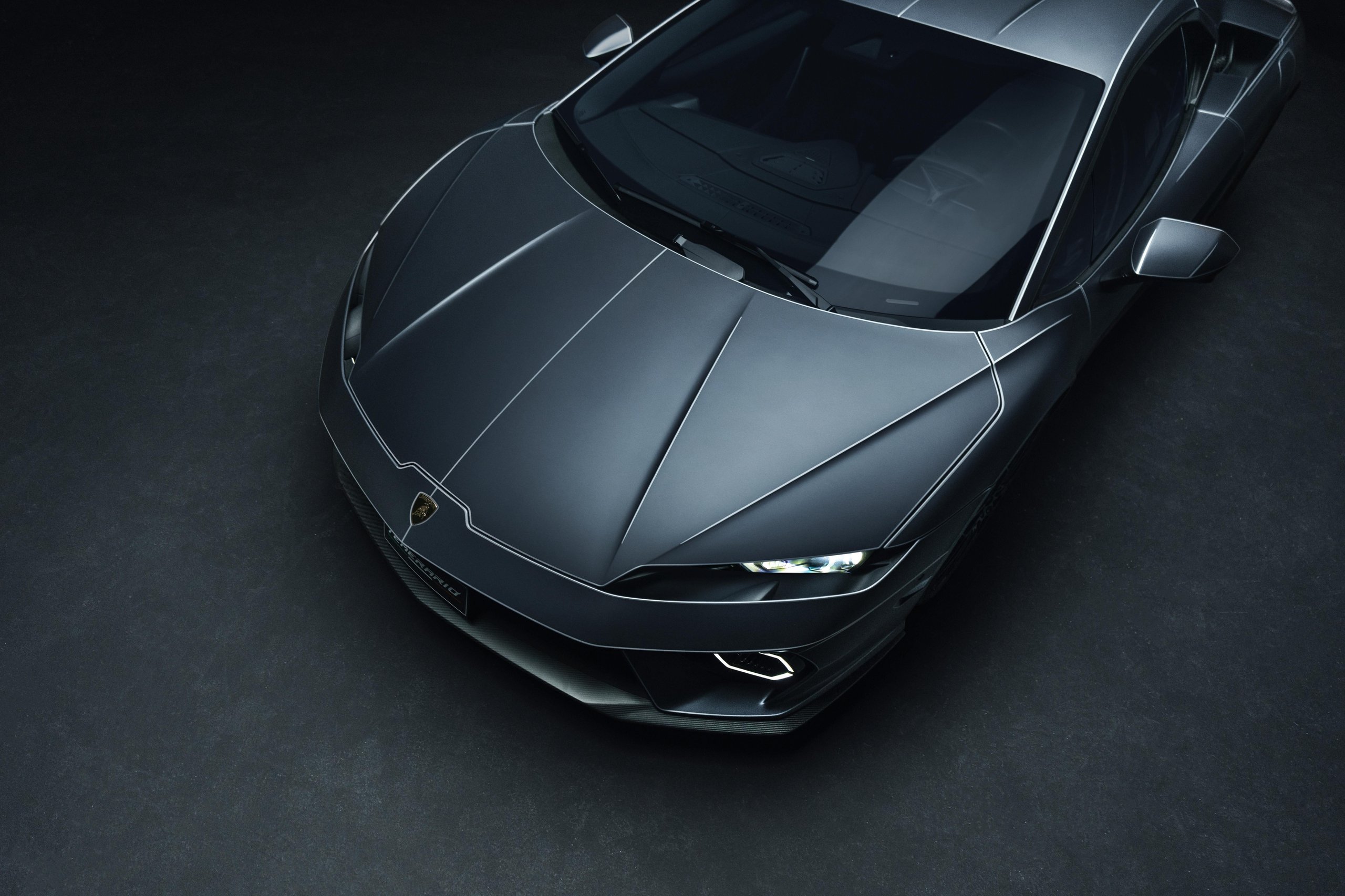 Overhead front view of Lamborghini Temerario showing aggressive front fascia, hood lines, and headlights