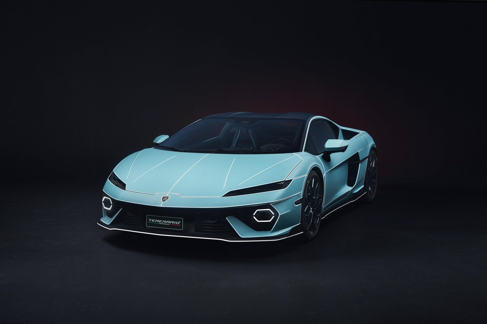 Lamborghini Temerario Ad Personam in Celeste Fedra with Bianco Phanes accent lines and black roof at studio