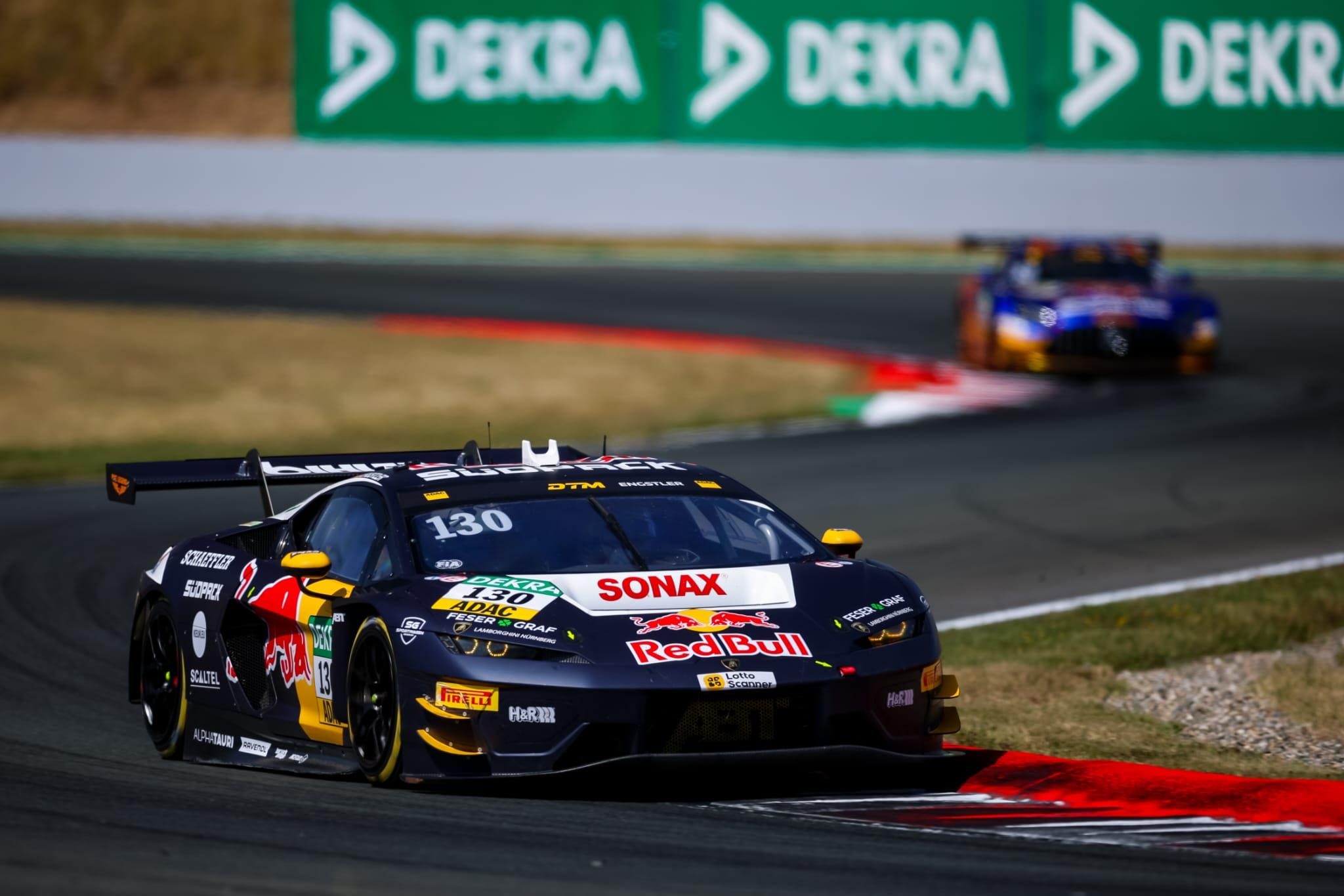 Temerario Gt3 Wins At Oschersleben: Lamborghini'S In-House V8 Racer Passes Its Biggest Test Yet 7 Black and red lamborghini temerario gt3 with sponsor decals navigating a turn at oschersleben