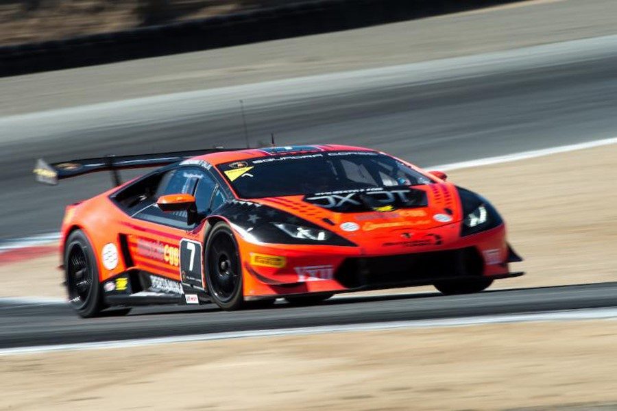 Austin Versteeg's No. 7 DXDT Racing Lamborghini Huracán Super Trofeo at speed on the Laguna Seca circuit