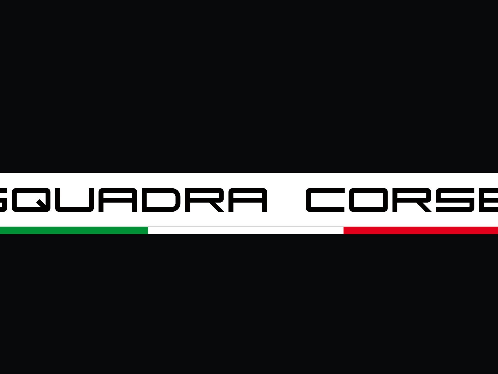 Squadra Corse logo in white angular text on a black background with Italian tricolor stripe