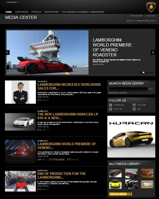 Screenshot of the redesigned Lamborghini Media Center website showing news articles and model imagery