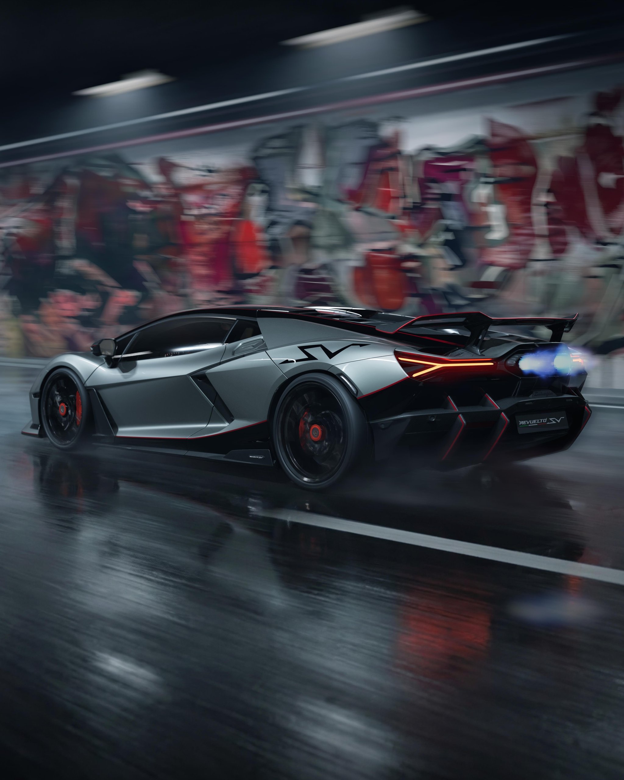 Grey Lamborghini Revuelto SV accelerating through a tunnel with visible exhaust flames and prominent rear diffuser