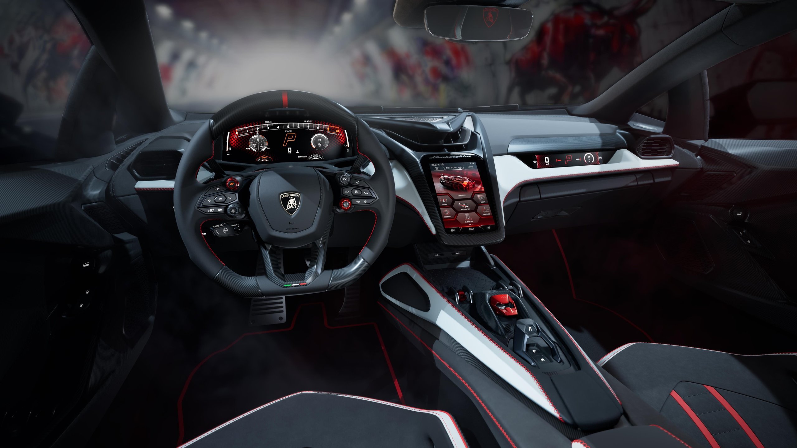 Full interior view of the Lamborghini Revuelto SV showing three digital screens, carbon fiber trim, and red accent stitching
