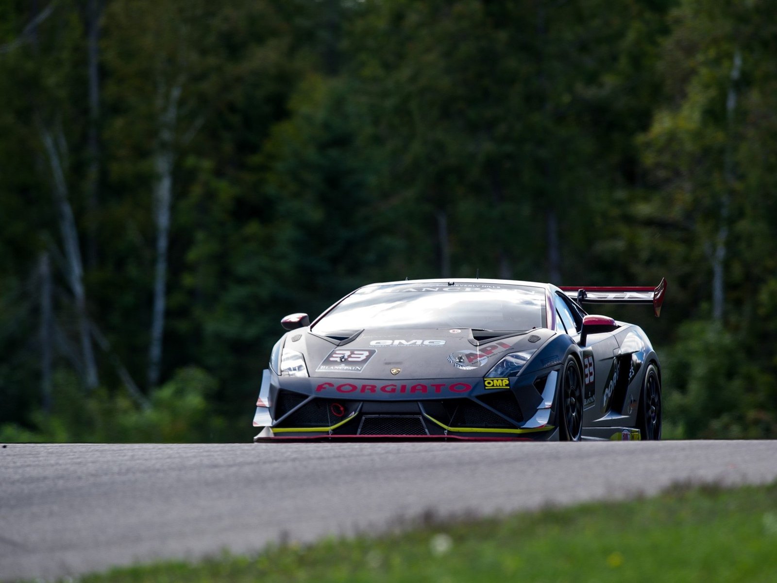 Black Lamborghini Gallardo Super Trofeo race car with red and yellow accents racing on track with forest background