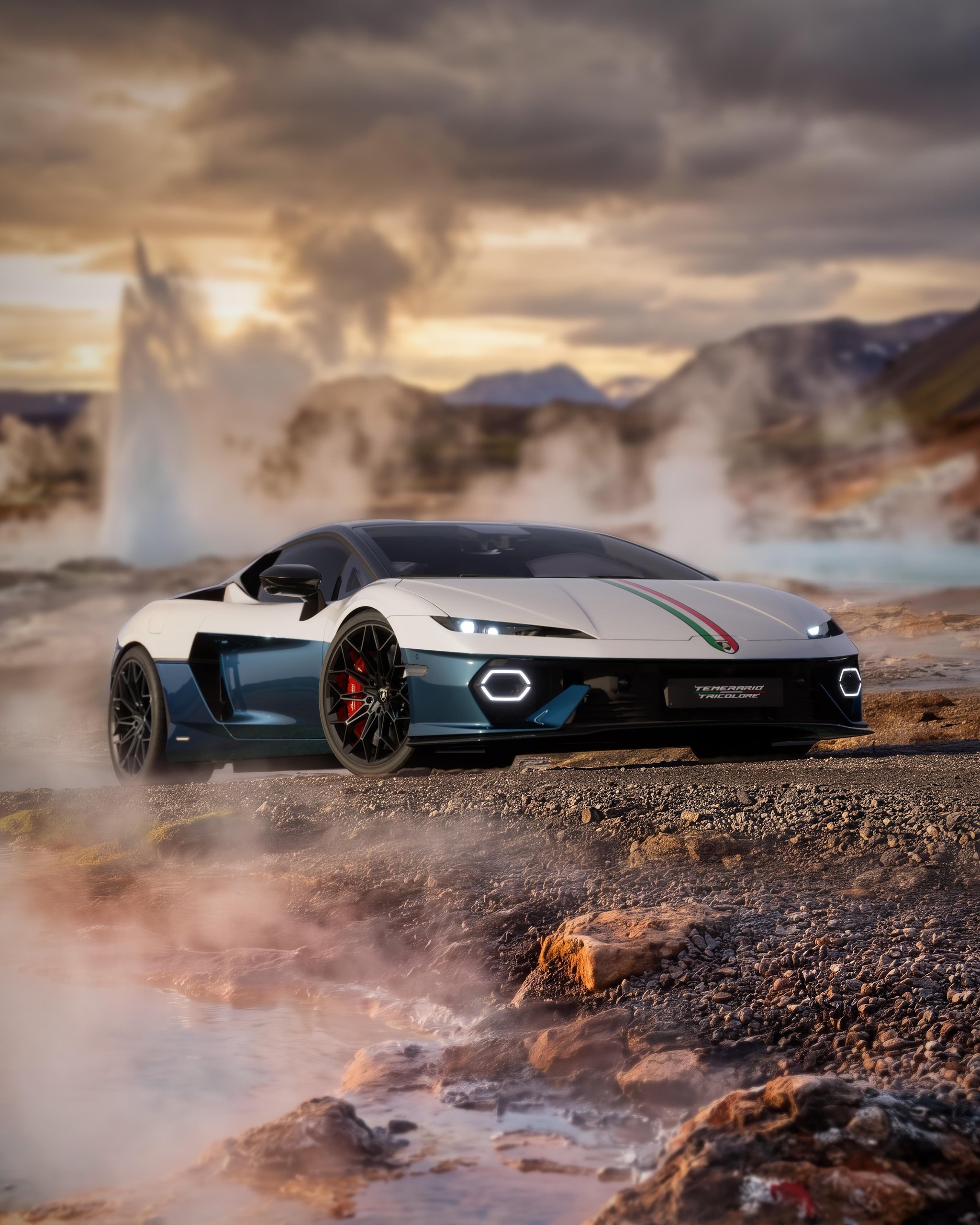 White and blue Lamborghini Temerario Tricolore with Italian flag stripe parked on gravel road with geyser erupting in background