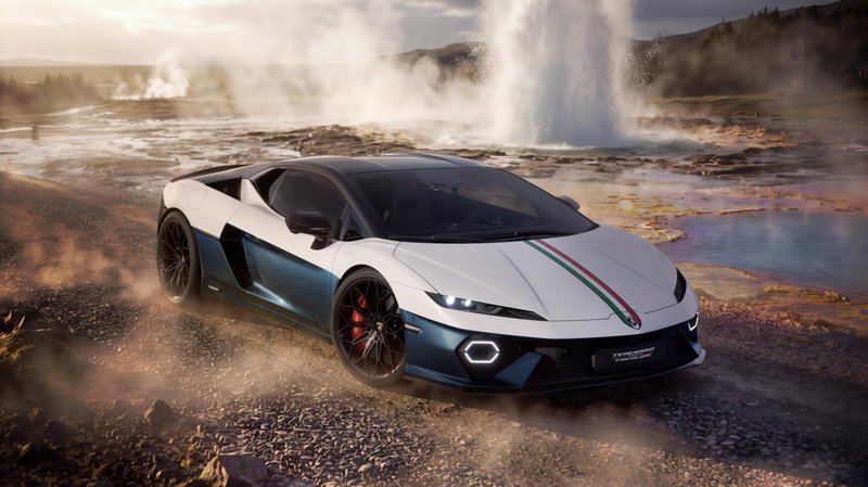 White and dark teal/petrol blue Lamborghini Temerario in the foreground