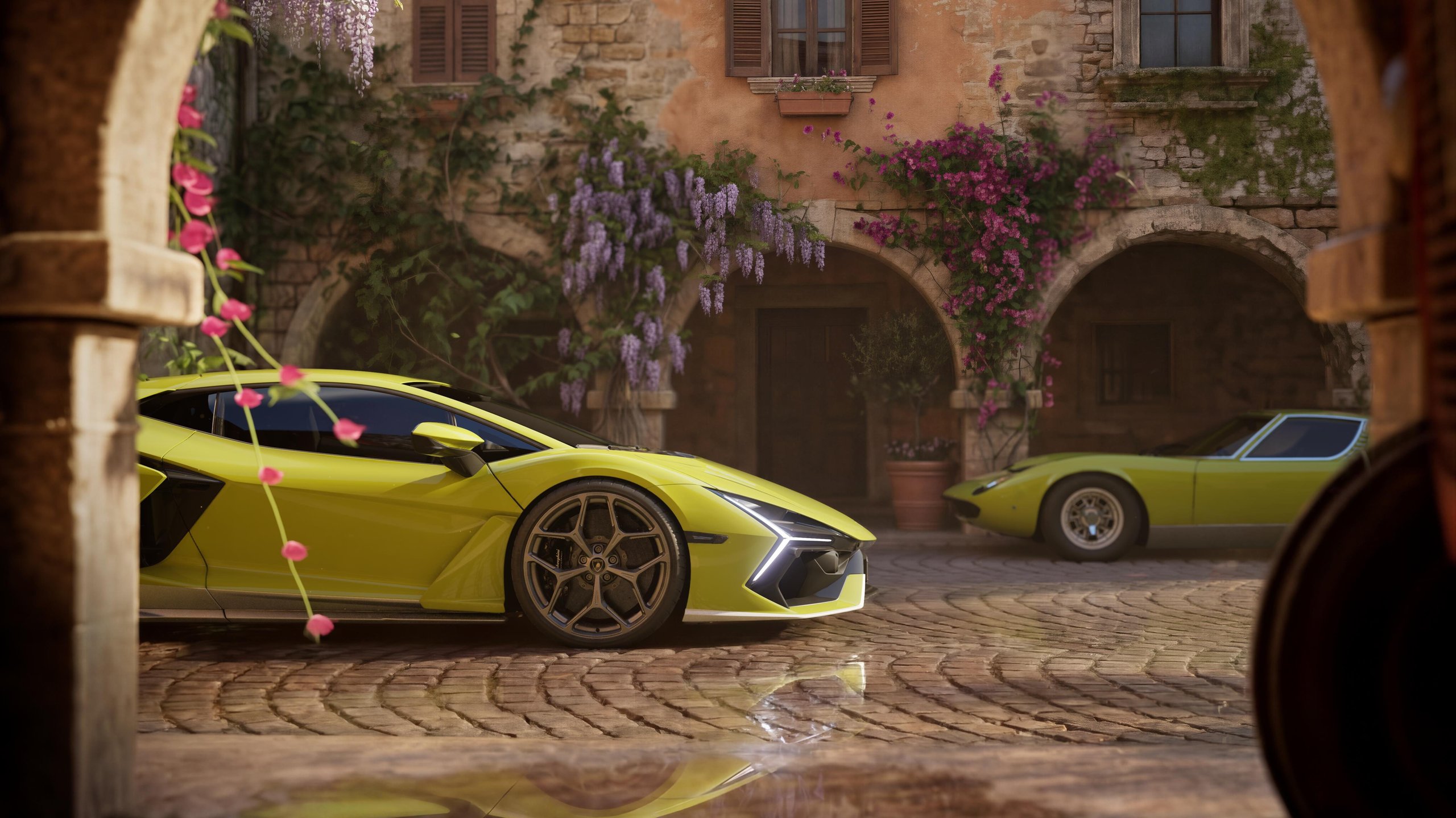 99 Units, Nine Heritage Colors, And One Very Specific Invitation: Inside The Revuelto Miura 60° Homage 5 Yellow lamborghini revuelto miura 60° homage on wet cobblestones with a green lamborghini miura in the background and italian architecture
