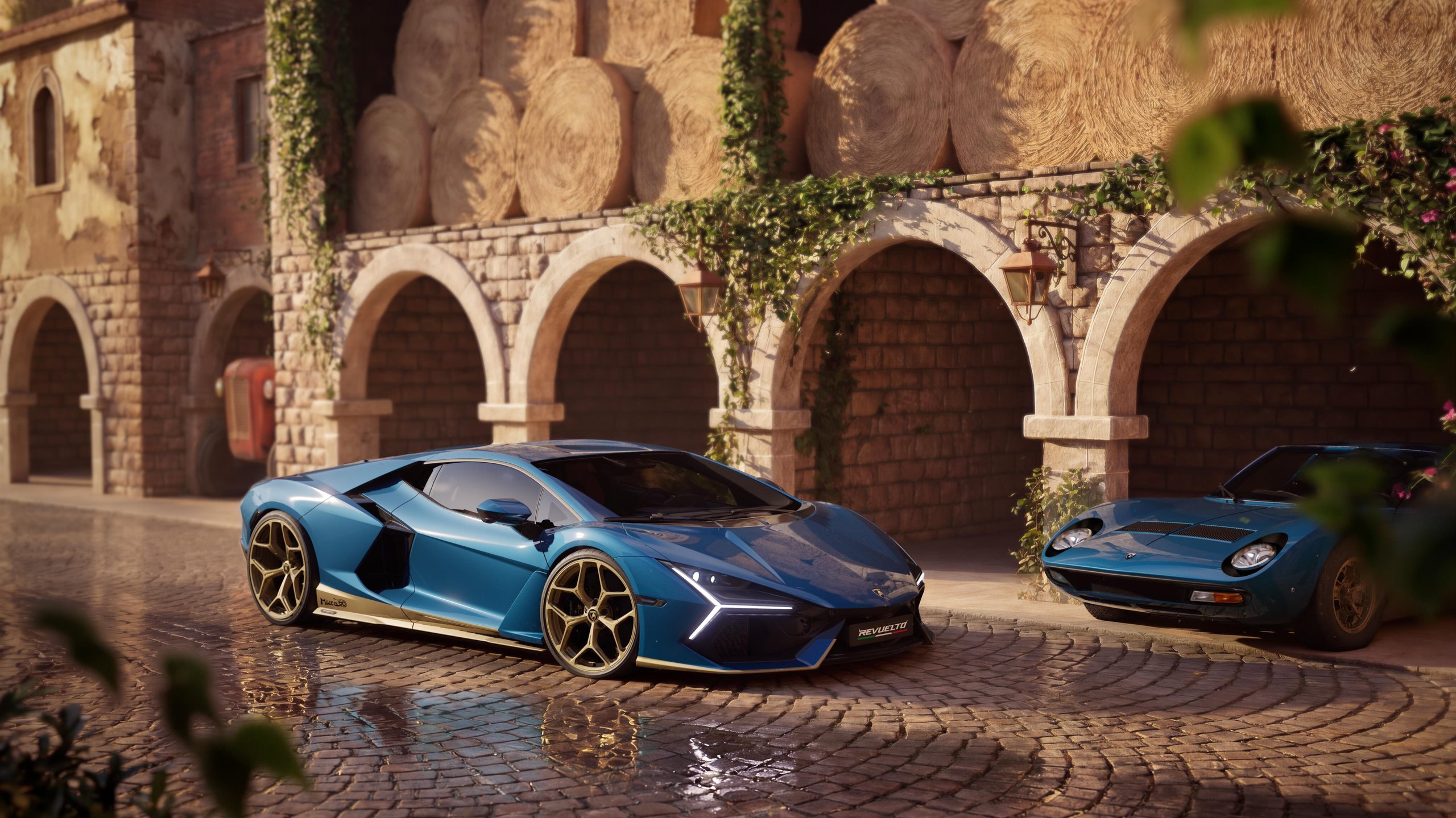99 Units, Nine Heritage Colors, And One Very Specific Invitation: Inside The Revuelto Miura 60° Homage 7 Blue lamborghini revuelto miura 60° homage on wet cobblestones with a blue lamborghini miura in the background against rustic italian architecture