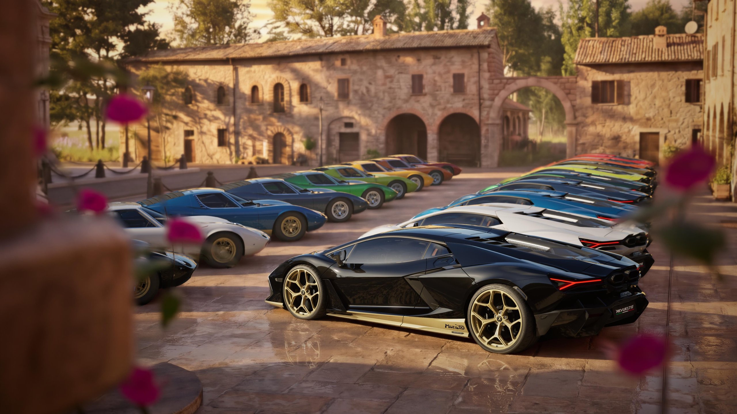99 Units, Nine Heritage Colors, And One Very Specific Invitation: Inside The Revuelto Miura 60° Homage 9 Line of lamborghini revuelto models in various colors alongside lamborghini miura models against italian architecture