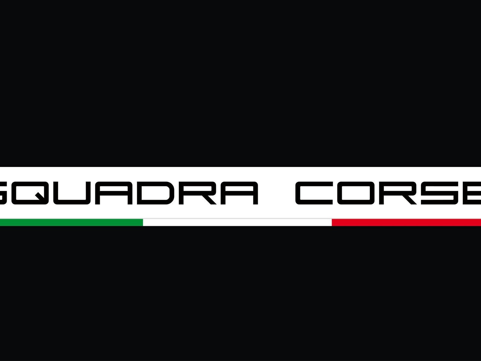 Squadra Corse logo in white angular text on a black background, underlined by the Italian tricolor stripe